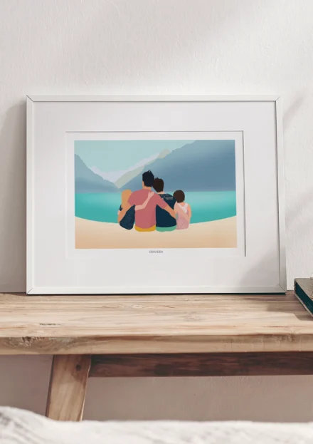 Cadre personnalisé famille de dos 4 personnes assis au bord d'un lac avec montagne en arrière-plan - Portrait de famille de dos personnalisé par Denadda dans le style illustration minimaliste à partir de plusieurs photos.