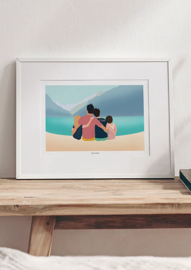 Cadre personnalisé famille de dos 4 personnes assis au bord d'un lac avec montagne en arrière-plan - Portrait de famille de dos personnalisé par Denadda dans le style illustration minimaliste à partir de plusieurs photos.