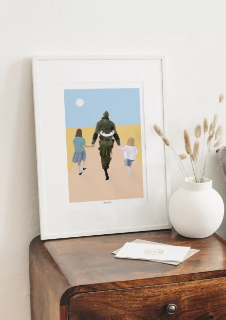 Cadre personnalisé famille de dos, illustration de 3 personnes de dos réalisée à partir d'une photo par Denadda pour un cadeau de fête des pères comme décoration de chambre.