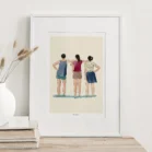 Cadre personnalisé famille 3 personnes de dos sur fond uni. Un dessin personnalisé par Denadda à partir d'une photo pour un cadeau d'anniversaire. Idéal pour une décoration de chambre.