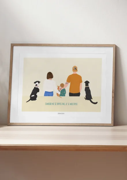 Cadre personnalisé famille et animaux de dos, 3 personnes, 1 chat et 2 chiens avec citation. Illustration minimaliste personnalisée par Denadda à partir de plusieurs photos pour un cadeau d'anniversaire comme décoration de maison.