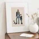 Cadre personnalisé famille et animaux sans visage sur fond beige uni. Illustration personnalisée minimaliste réalisée par Denadda à partir d'une photo pour un cadeau de Noël comme décoration de salon.