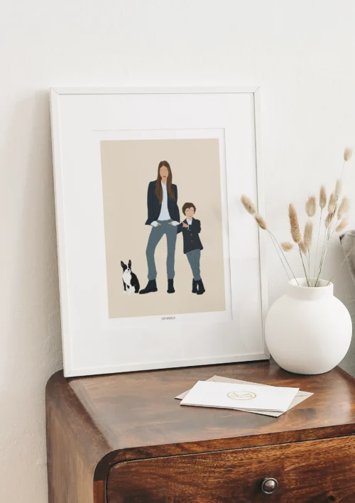 Cadre personnalisé famille et animaux sans visage - Illustration minimaliste Cadre personnalisé famille et animaux sans visage sur fond beige uni. Illustration personnalisée minimaliste réalisée par Denadda à partir d'une photo pour un cadeau de Noël comme décoration de salon.