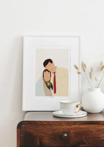 Cadre personnalisé famille sans visage sur fond uni. Illustration personnalisée minimaliste réalisée par Denadda à partir d'une photo pour un cadeau de fête des mères comme décoration murale d'une chambre.