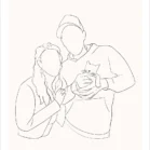 Dessin minimaliste personnalisé couple et animaux avec une femme et un homme tenant un chat dans les bras. Dessin style line art épuré en un seul trait par Denadda.