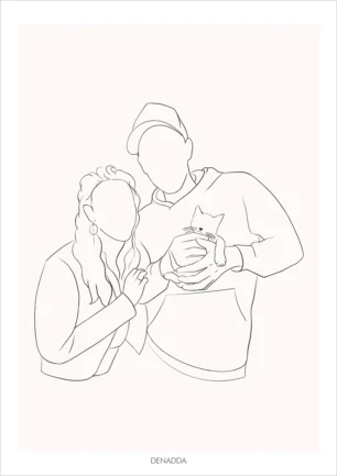 Dessin minimaliste personnalisé couple et animaux avec une femme et un homme tenant un chat dans les bras. Dessin style line art épuré en un seul trait par Denadda.