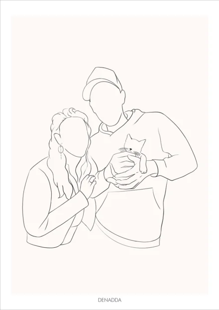 Dessin minimaliste personnalisé couple et animaux avec une femme et un homme tenant un chat dans les bras. Dessin style line art épuré en un seul trait par Denadda.