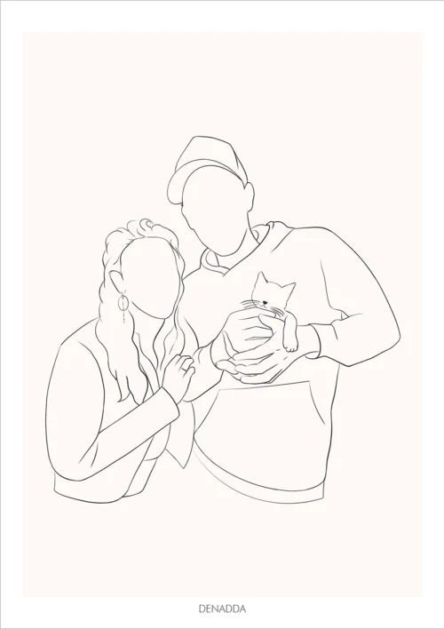 Dessin minimaliste personnalisé couple et animaux avec une femme et un homme tenant un chat dans les bras. Dessin style line art épuré en un seul trait par Denadda.