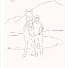 Dessin minimaliste personnalisé famille et animaux, une femme et un cheval à la montagne dans les alpes. Dessin style line art épuré illustré par Denadda.