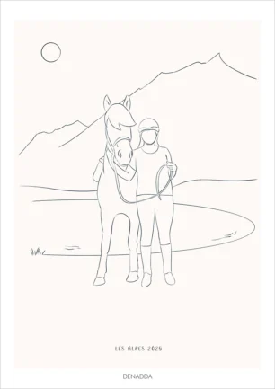 Dessin minimaliste personnalisé famille et animaux, une femme et un cheval à la montagne dans les alpes. Dessin style line art épuré illustré par Denadda.