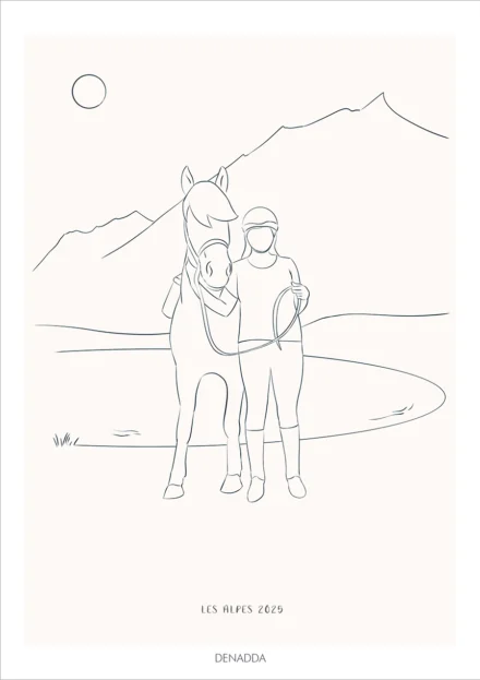 Dessin minimaliste personnalisé famille et animaux, une femme et un cheval à la montagne dans les alpes. Dessin style line art épuré illustré par Denadda.
