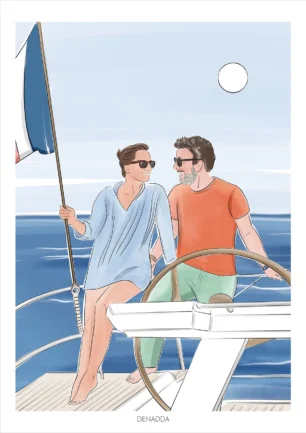 Dessin personnalisé couple sur un bateau à la mer. Affiche sur mesure réalisée à partir d’une photo par Denadda.