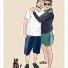 Dessin personnalisé couple et animaux. 2 personnes et 1 chat sur fond uni. Une affiche dessinée par Denadda à partir d’une photo.