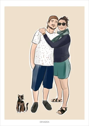 Dessin personnalisé couple et animaux. 2 personnes et 1 chat sur fond uni. Une affiche dessinée par Denadda à partir d’une photo.