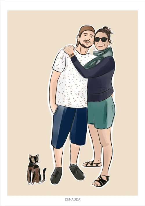 Dessin personnalisé couple et animaux. 2 personnes et 1 chat sur fond uni. Une affiche dessinée par Denadda à partir d’une photo.