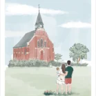 Dessin personnalisé famille de dos 3 personnes dans une prairie à coté d'une église. Affiche sur mesure réalisée à partir de plusieurs photos par Denadda.