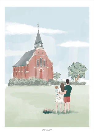 Dessin personnalisé famille de dos 3 personnes dans une prairie à coté d'une église. Affiche sur mesure réalisée à partir de plusieurs photos par Denadda.
