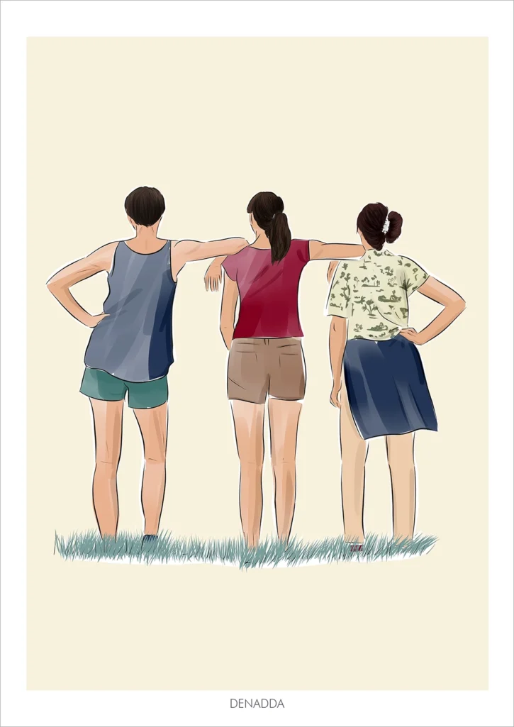 Dessin personnalisé d'une famille de dos après personnalisation par Denadda.