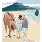 Dessin personnalisé famille et animaux. Un papa, une maman avec son bébé sur la plage accompagnés d'un cheval et d'un chien. Une affiche dessinée par Denadda à partir de plusieurs photos.