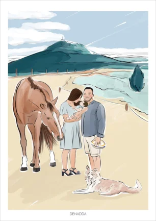 Dessin personnalisé famille et animaux. Un papa, une maman avec son bébé sur la plage accompagnés d'un cheval et d'un chien. Une affiche dessinée par Denadda à partir de plusieurs photos.