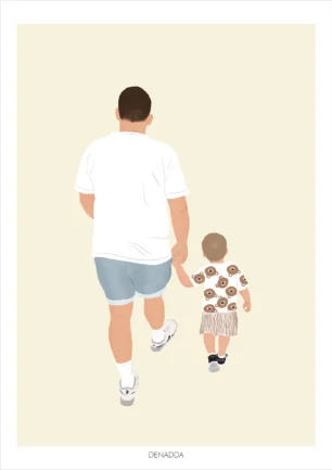 Illustration minimaliste personnalisée famille de dos. Un papa et son enfant représentés de dos sur un fond uni. Affiche sur mesure illustrée par Denadda d’après une photo.