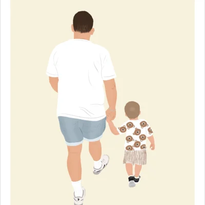 Illustration minimaliste personnalisée famille de dos. Un papa et son enfant représentés de dos sur un fond uni. Affiche sur mesure illustrée par Denadda d’après une photo.
