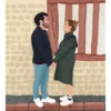 Illustration personnalisée couple se tenant par la main devant un mur de pierre. Affiche sur mesure illustrée par Denadda à partir d'une photo.