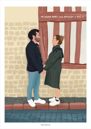 Illustration personnalisée couple se tenant par la main devant un mur de pierre. Affiche sur mesure illustrée par Denadda à partir d'une photo.