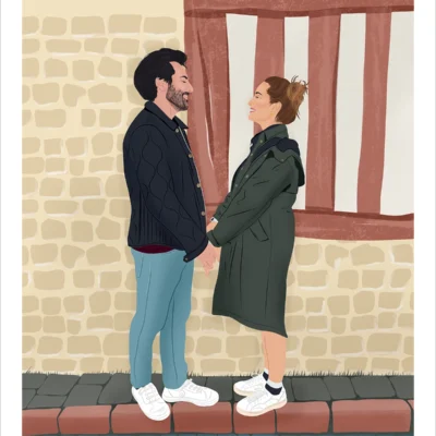 Illustration personnalisée couple se tenant par la main devant un mur de pierre. Affiche sur mesure illustrée par Denadda à partir d'une photo.