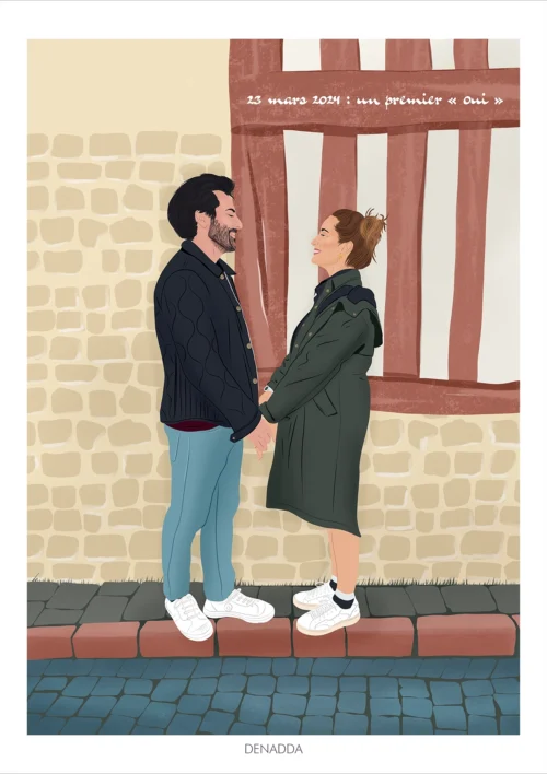 Illustration personnalisée couple se tenant par la main devant un mur de pierre. Affiche sur mesure illustrée par Denadda à partir d'une photo.