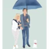 Illustration personnalisée couple et animaux, une femme et un homme tenant un parapluie avec leur chien représentés sur un fond uni. Une affiche sur mesure illustrée par Denadda à partir d'une photo.