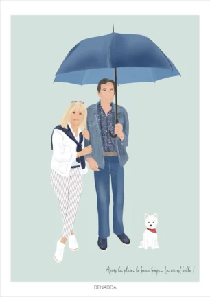 Illustration personnalisée couple et animaux, une femme et un homme tenant un parapluie avec leur chien représentés sur un fond uni. Une affiche sur mesure illustrée par Denadda à partir d'une photo.