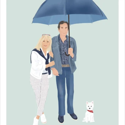 Illustration personnalisée couple et animaux, une femme et un homme tenant un parapluie avec leur chien représentés sur un fond uni. Une affiche sur mesure illustrée par Denadda à partir d'une photo.