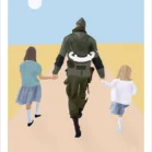 Illustration famille de dos personnalisée à partir d'une photo par Denadda. 3 personnes de dos​, un papa et deux enfants marchant sur un chemin.