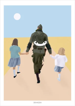 Illustration famille de dos personnalisée à partir d'une photo par Denadda. 3 personnes de dos​, un papa et deux enfants marchant sur un chemin.