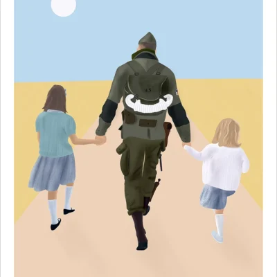 Illustration famille de dos personnalisée à partir d'une photo par Denadda. 3 personnes de dos, un papa et deux enfants marchant sur un chemin.