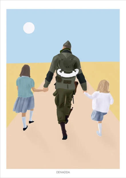 Illustration famille de dos personnalisée à partir d'une photo par Denadda. 3 personnes de dos​, un papa et deux enfants marchant sur un chemin.
