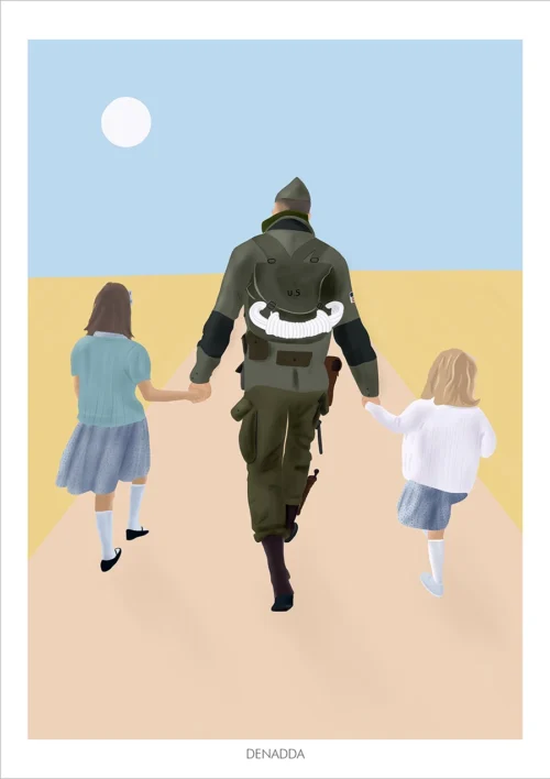 Illustration famille de dos personnalisée à partir d'une photo par Denadda. 3 personnes de dos​, un papa et deux enfants marchant sur un chemin.
