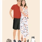 Illustration personnalisée famille et animaux. 2 parents et leur bébé avec 1 lapin et 1 chat sur fond uni. Une affiche sur mesure réalisée par Denadda à partir de plusieurs photos.