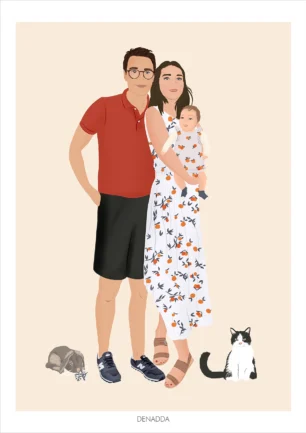 Illustration personnalisée famille et animaux. 2 parents et leur bébé avec 1 lapin et 1 chat sur fond uni. Une affiche sur mesure réalisée par Denadda à partir de plusieurs photos.