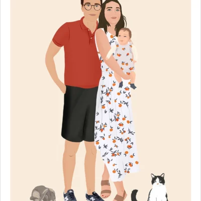 Illustration personnalisée famille et animaux. 2 parents et leur bébé avec 1 lapin et 1 chat sur fond uni. Une affiche sur mesure réalisée par Denadda à partir de plusieurs photos.