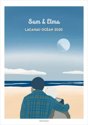 Illustration minimaliste personnalisée couple de dos. 2 personnes représentés de dos à la plage de Lacanau Océan en 2020 avec prénom. Une création réalisée par Denadda.