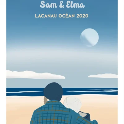 Illustration minimaliste personnalisée couple de dos. 2 personnes représentés de dos à la plage de Lacanau Océan en 2020 avec prénom. Une création réalisée par Denadda.