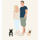 Portrait minimaliste couple et animaux sans visage, dessin d'une femme et un homme avec 2 chiens sur fond uni. Une illustration minimaliste personnalisée à partir d'une photo réalisée par Denadda.
