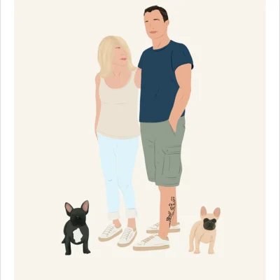 Portrait minimaliste couple et animaux sans visage, dessin d'une femme et un homme avec 2 chiens sur fond uni. Une illustration minimaliste personnalisée à partir d'une photo réalisée par Denadda.