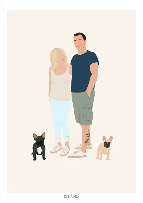 Illustration minimaliste personnalisée couple et animaux Portrait minimaliste couple et animaux sans visage, dessin d'une femme et un homme avec 2 chiens sur fond uni. Une illustration minimaliste personnalisée à partir d'une photo réalisée par Denadda.