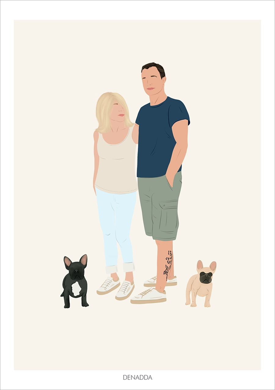 Portrait minimaliste couple et animaux sans visage, dessin d'une femme et un homme avec 2 chiens sur fond uni. Une illustration minimaliste personnalisée à partir d'une photo réalisée par Denadda.