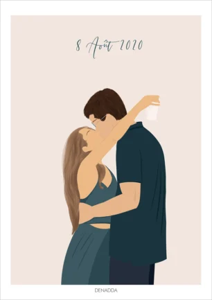 Portrait minimaliste couple sans visage, dessin d'une femme et un homme qui s'embrassent tendrement avec date de rencontre. Une illustration minimaliste personnalisée à partir d'une photo réalisée par Denadda.