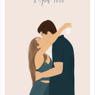Portrait minimaliste couple sans visage, dessin d'une femme et un homme qui s'embrassent tendrement avec date de rencontre. Une illustration minimaliste personnalisée à partir d'une photo réalisée par Denadda.