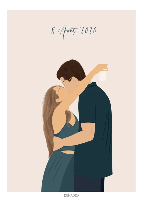 Portrait minimaliste couple sans visage, dessin d'une femme et un homme qui s'embrassent tendrement avec date de rencontre. Une illustration minimaliste personnalisée à partir d'une photo réalisée par Denadda.